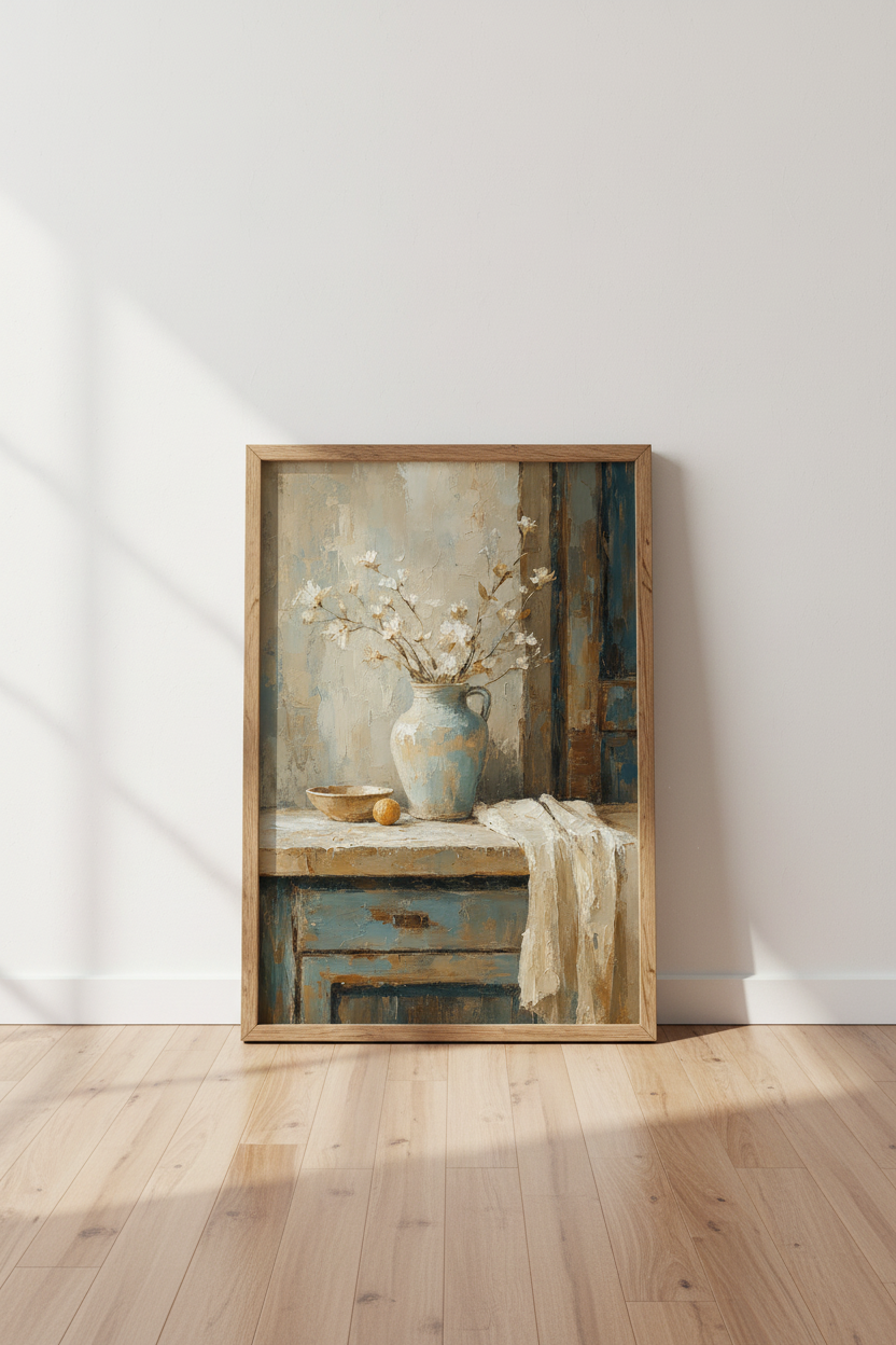 Floral Still Life Oil Painting | Rustic Blue Vase Poster, Farmhouse Decor