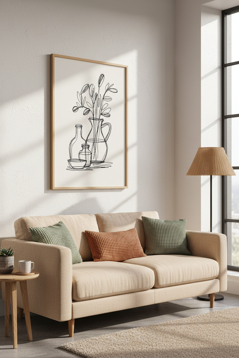 Minimalist Floral Still Life | Black Line Art, Modern Cream Home Decor