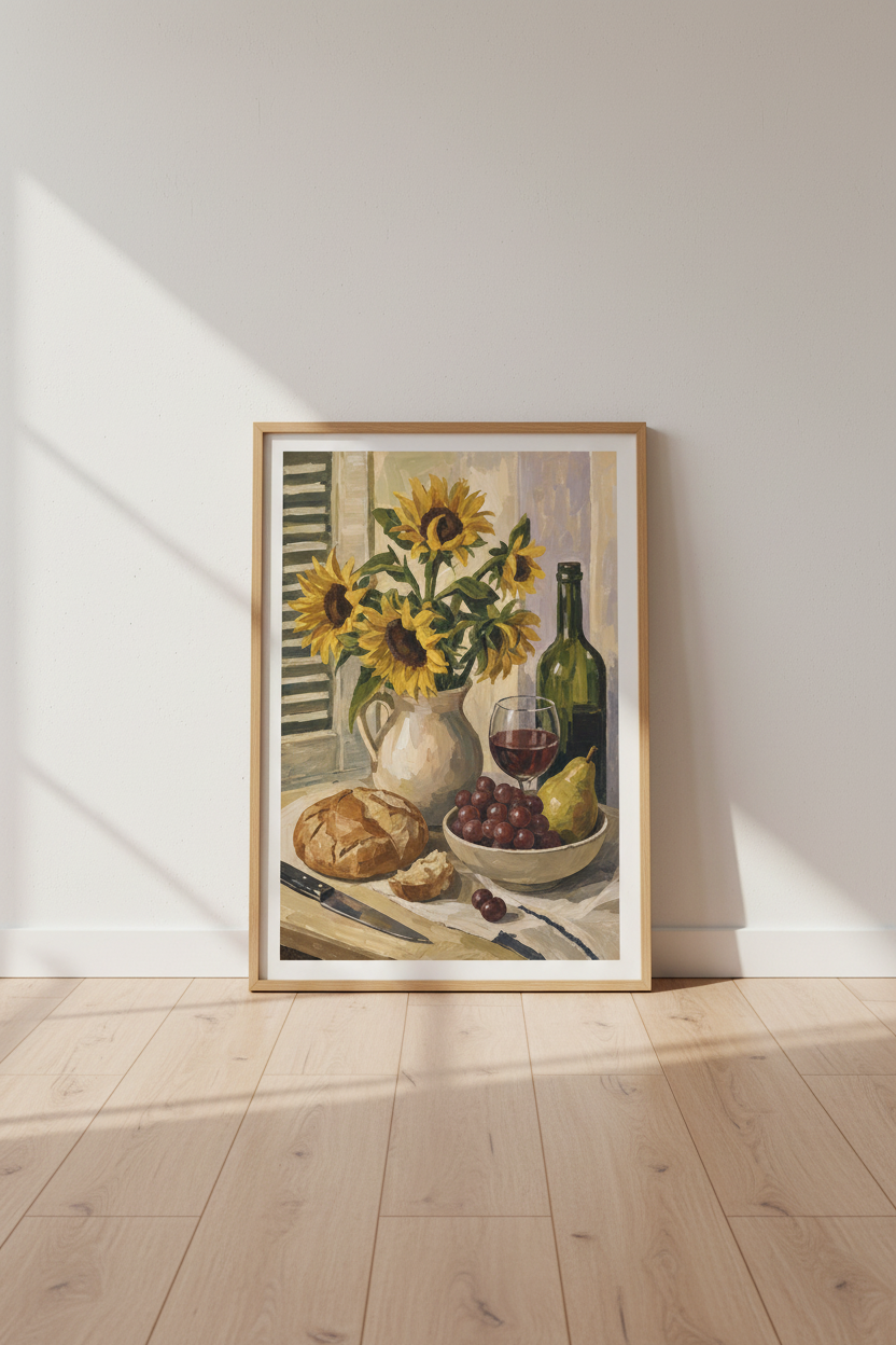 Sunflowers & Wine Still Life | Impressionist Oil Style, Rustic Kitchen Decor