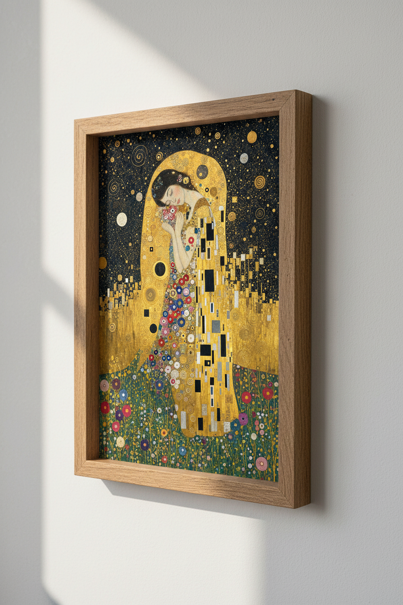Klimt Inspired Lady | Gold Starry Night Art, Romantic Bedroom Wall Decor