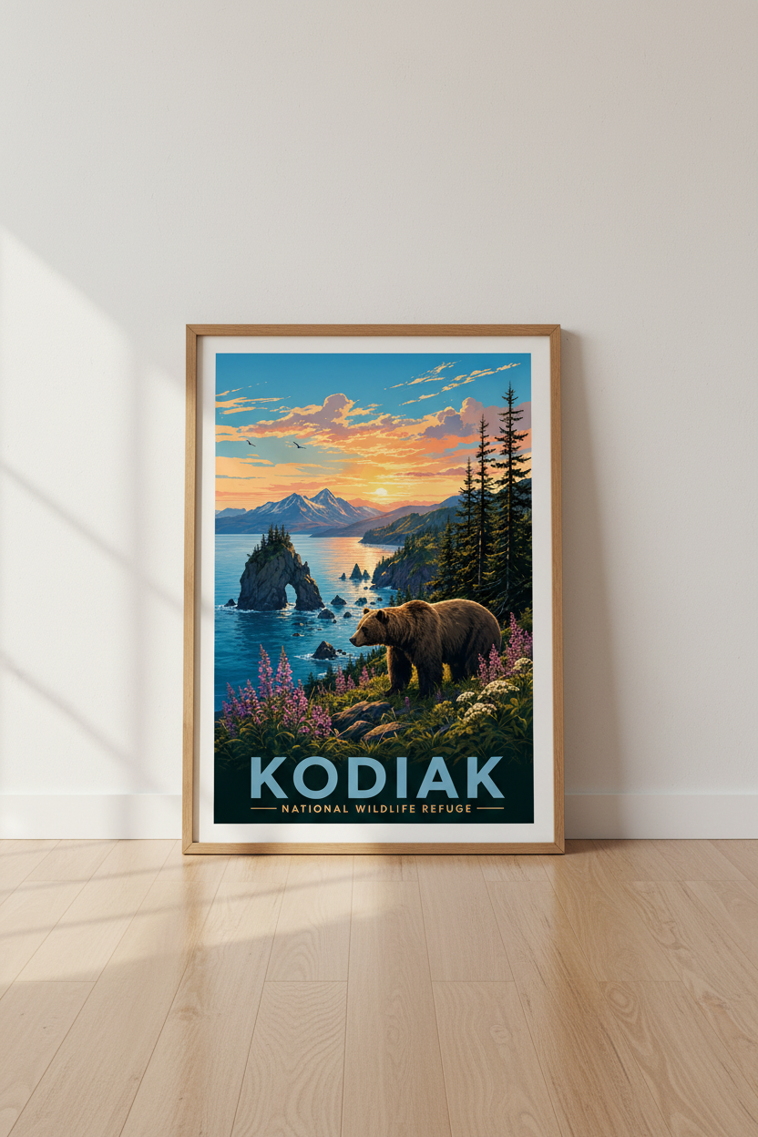 Kodiak National Wildlife Refuge Wall Art | Alaska Bear Sunset Poster, Cabin Decor
