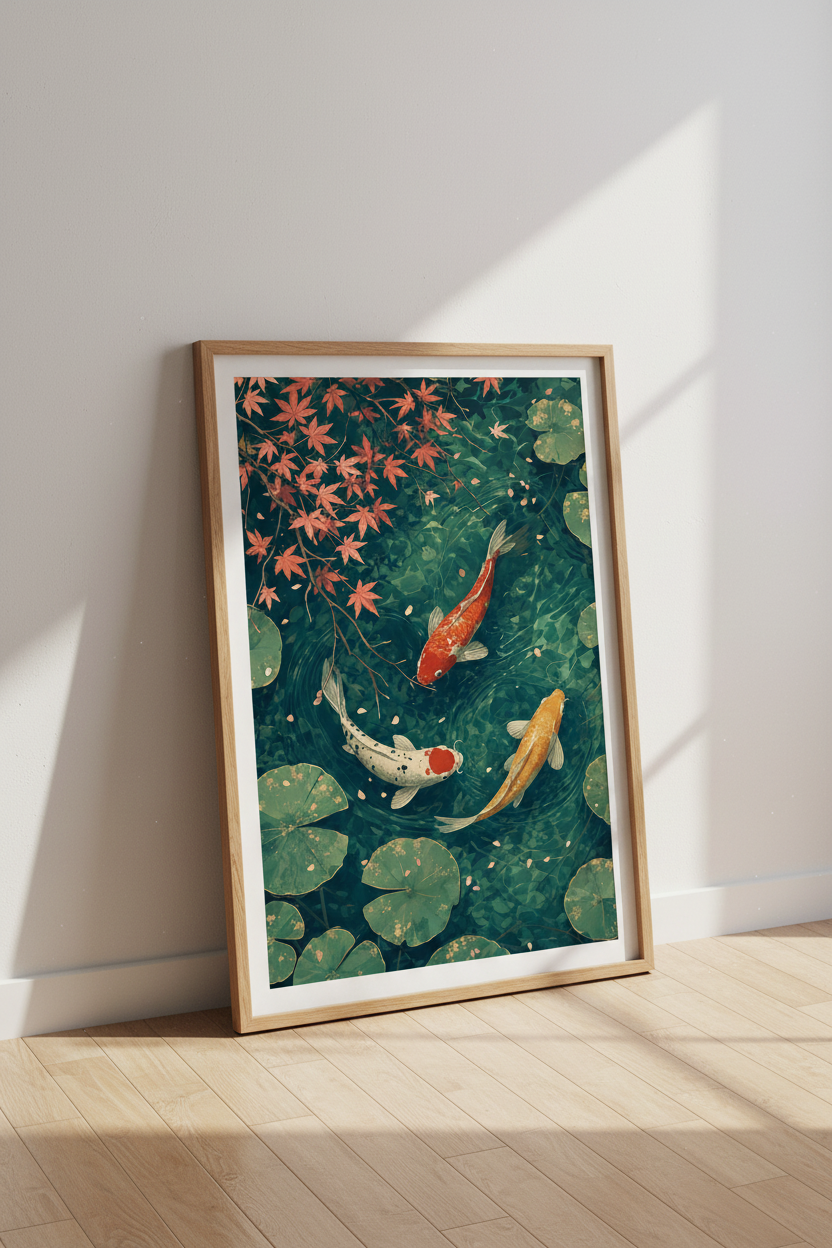 Japanese Koi Fish Pond Wall Art | Zen Nature Decor, Red Maple Leaf Poster