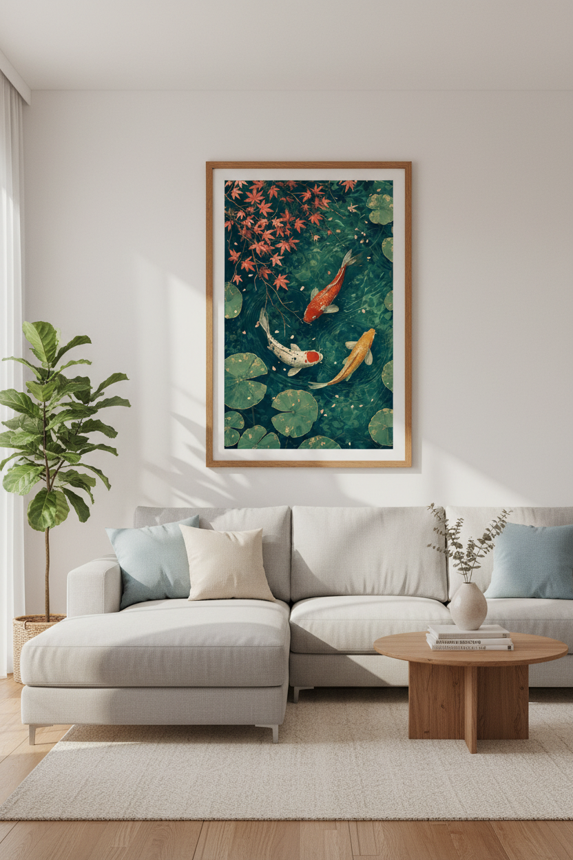 Japanese Koi Fish Pond Wall Art | Zen Nature Decor, Red Maple Leaf Poster