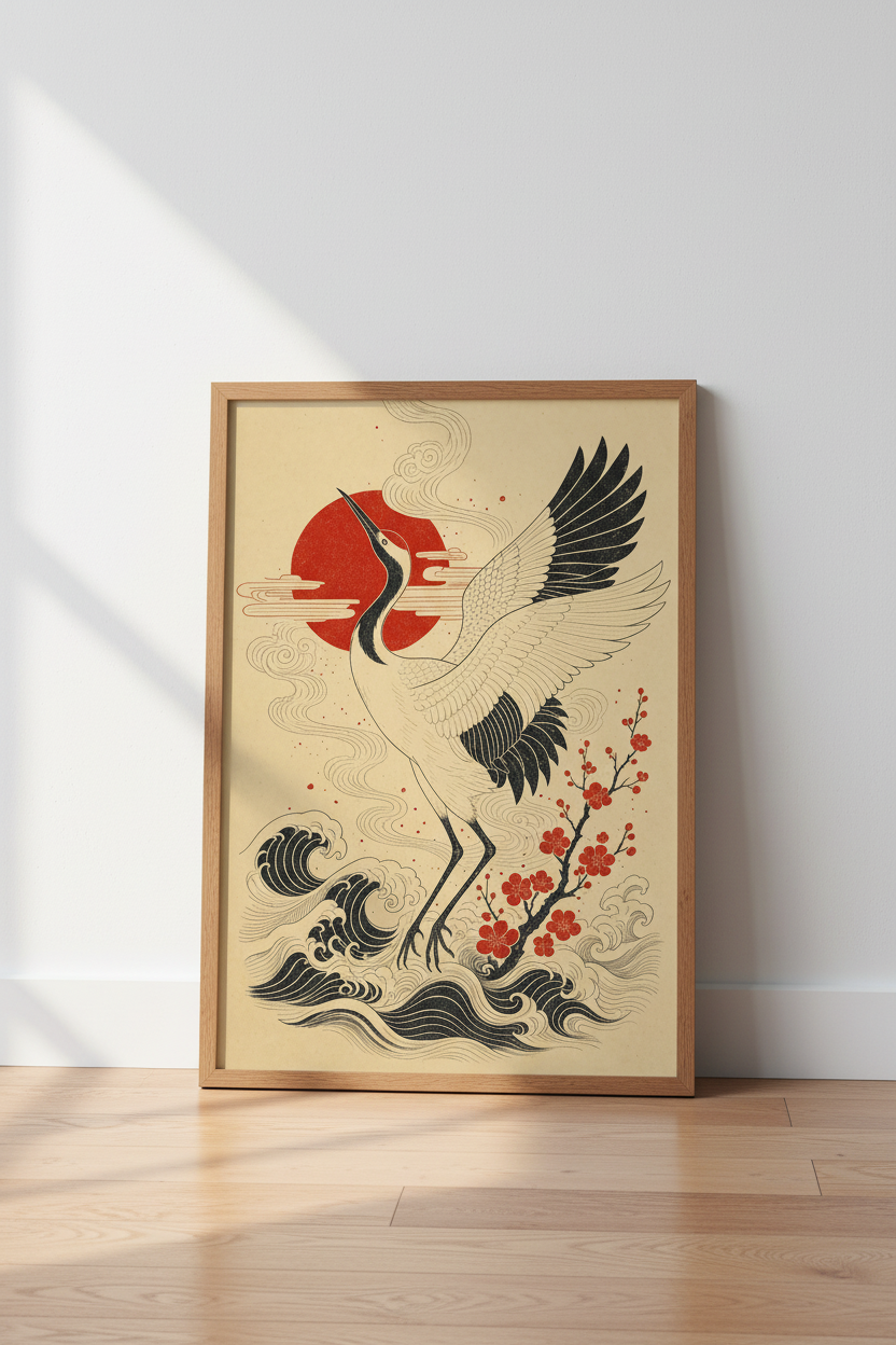 Japanese Crane | Ukiyo-e Style Sun & Wave Print, Living Room Zen Decor