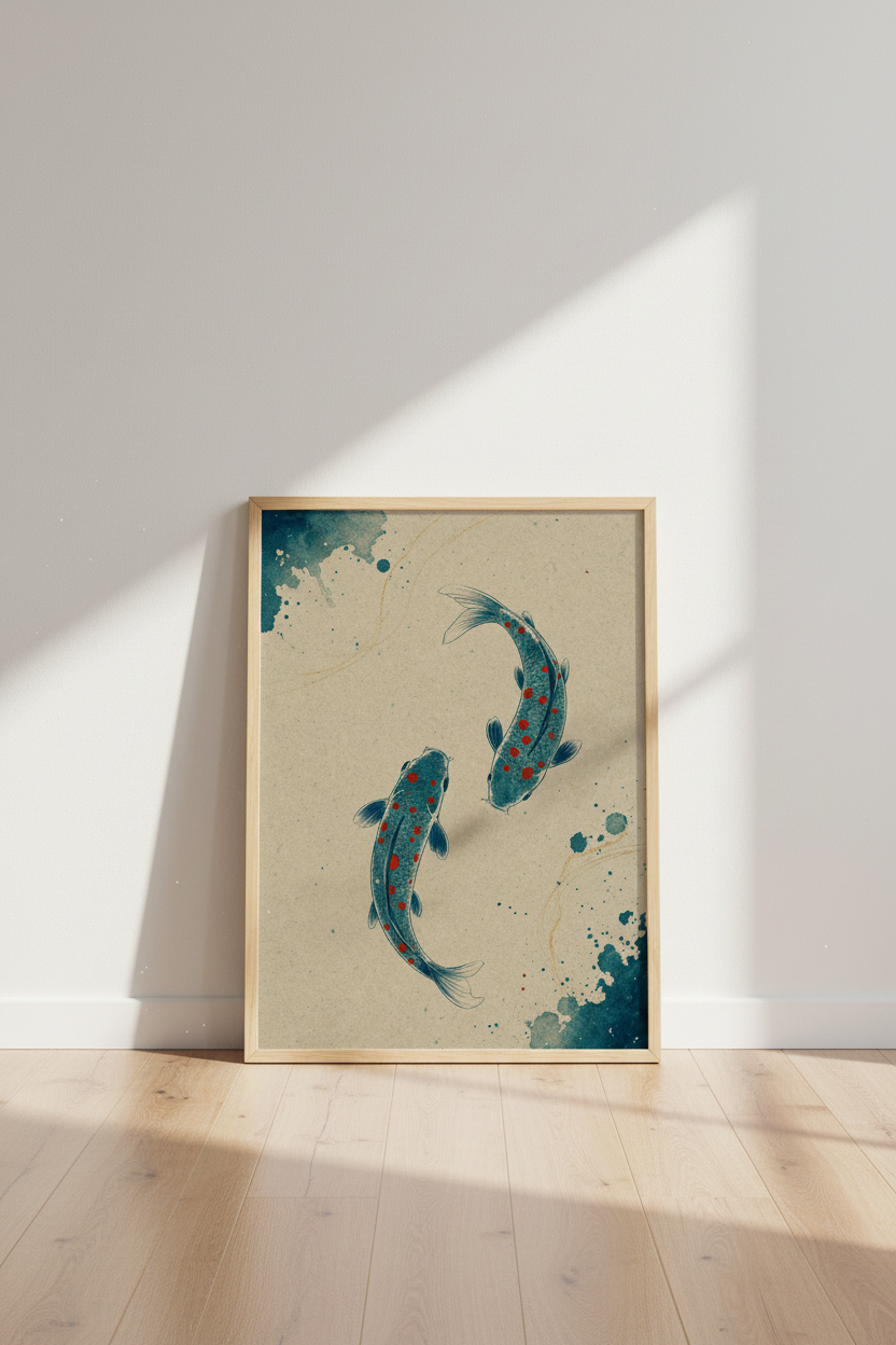 Japanese Koi Fish Wall Art | Blue & Gold Zen Poster | Japandi Living Room Decor