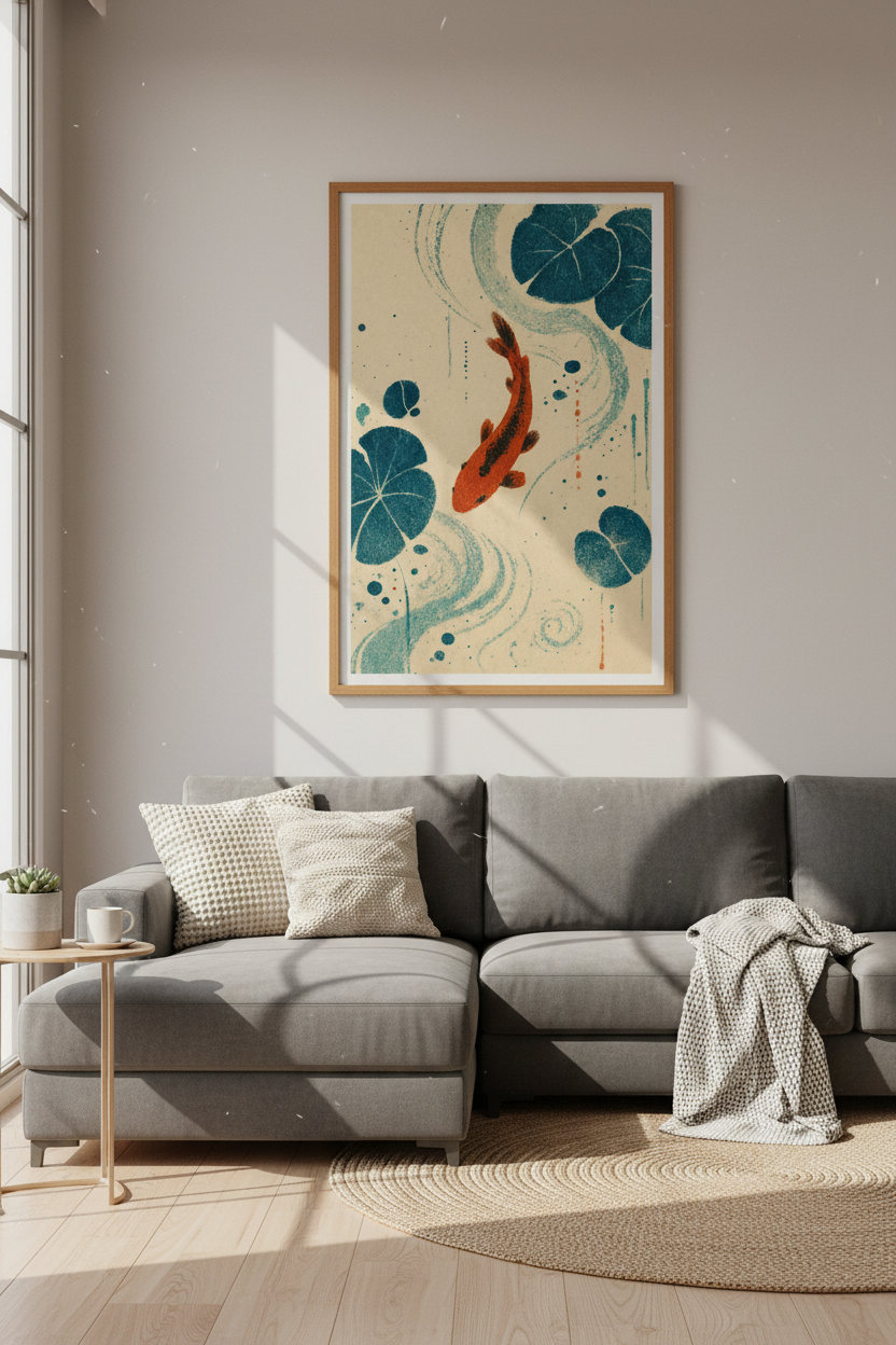 Koi Fish Japanese Woodblock Art | Zen Blue & Orange Poster, Living Room Decor