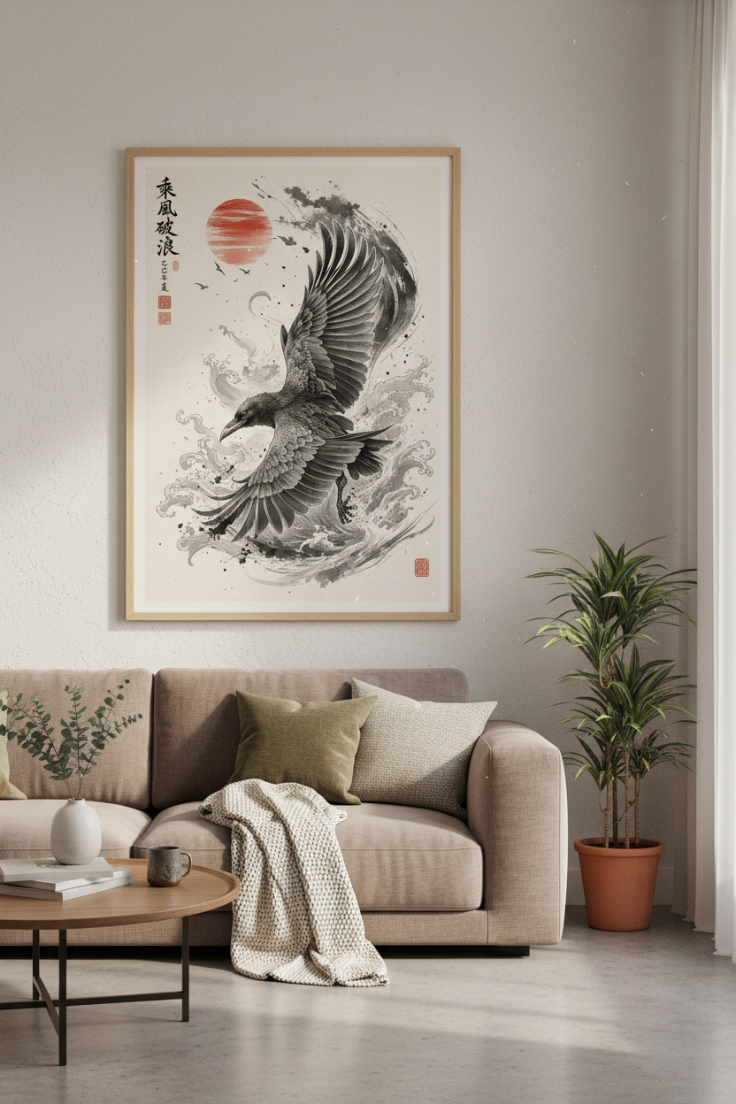 Japanese Raven Sun Wall Art | Ink Wash Wave Poster, Zen Home Decor