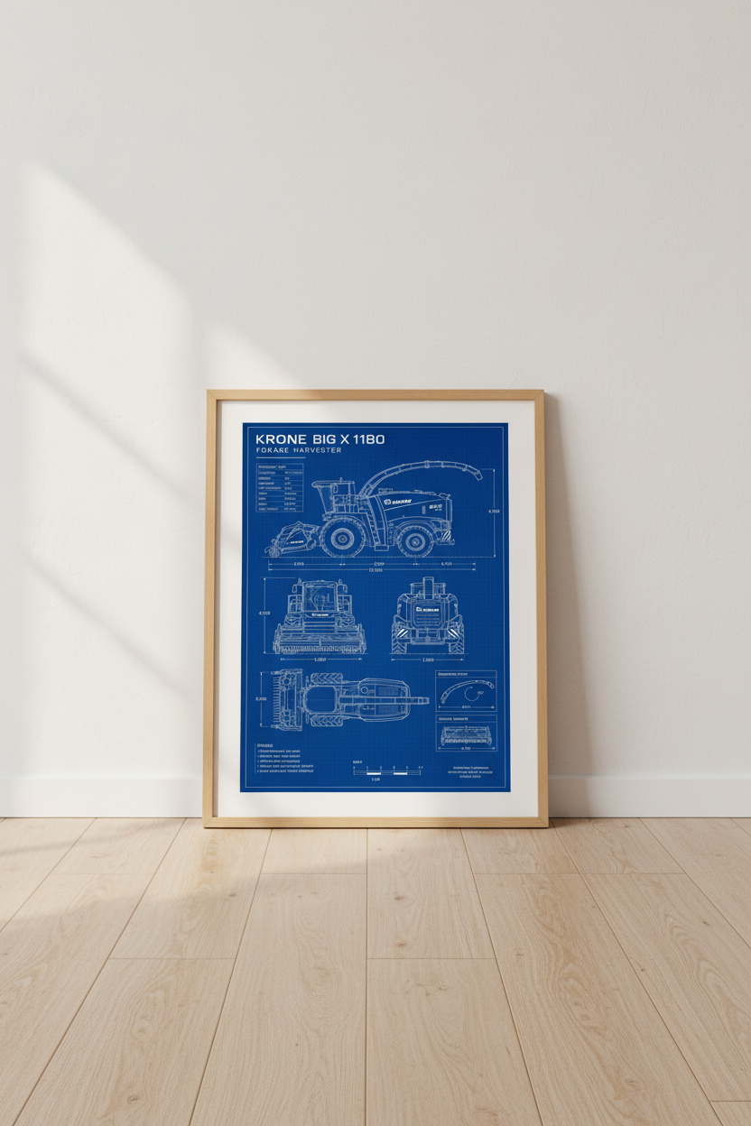 Krone Forage Harvester Blueprint | Blue Industrial Farm Decor, Man Cave Poster