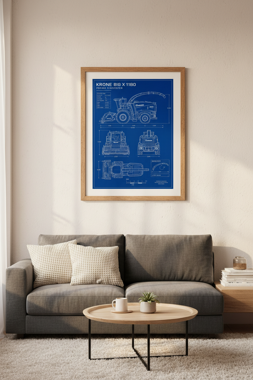 Krone Forage Harvester Blueprint | Blue Industrial Farm Decor, Man Cave Poster