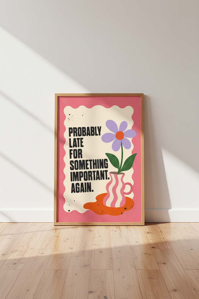 Funny Relatable Quote Art | Retro Pink Flower Poster, Office & Bedroom Decor