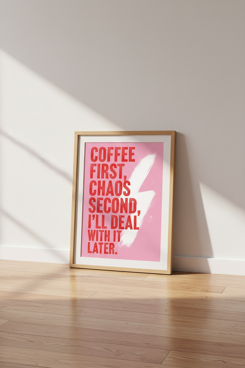 Coffee First Chaos Second Wall Art | Red and Pink Kitchen Decor | Funny Preppy Poster