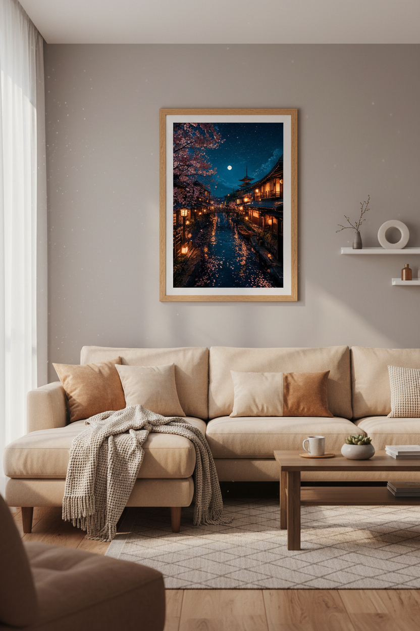 Japanese Night Canal Wall Art | Cherry Blossom Moon Poster, Zen Bedroom Decor