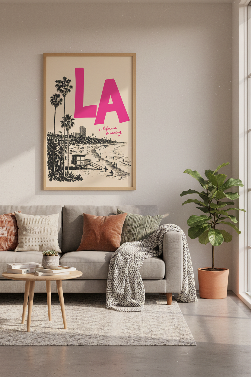 Retro California Poster | Pink LA Beach Wall Art Print | California Dreaming Decor