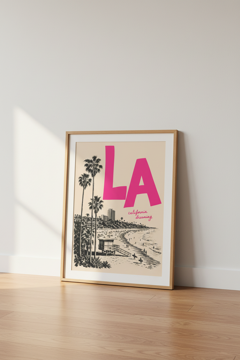 Retro California Poster | Pink LA Beach Wall Art Print | California Dreaming Decor