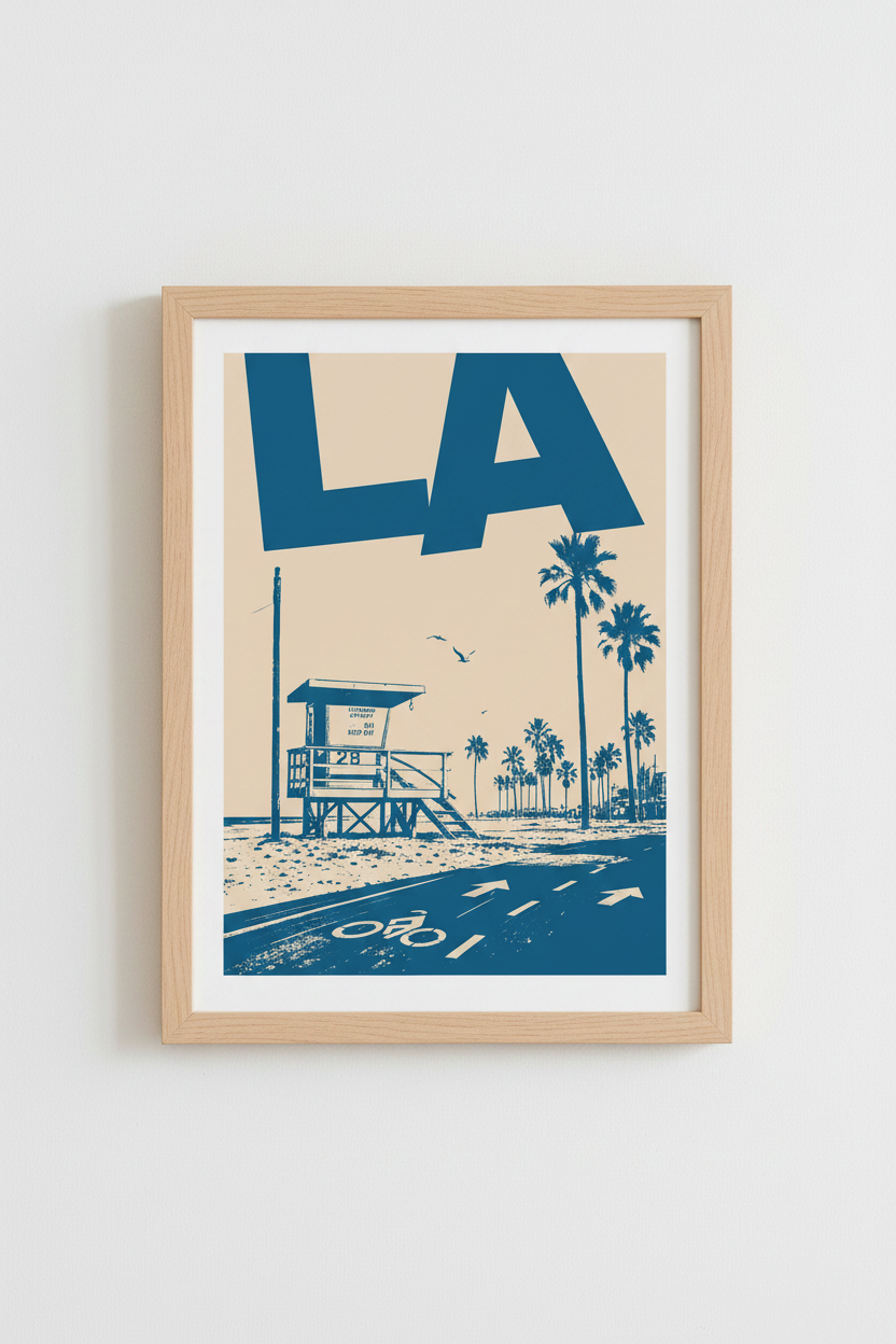 Retro LA Beach Poster | California Coastal Wall Art, Blue Modern Travel Print