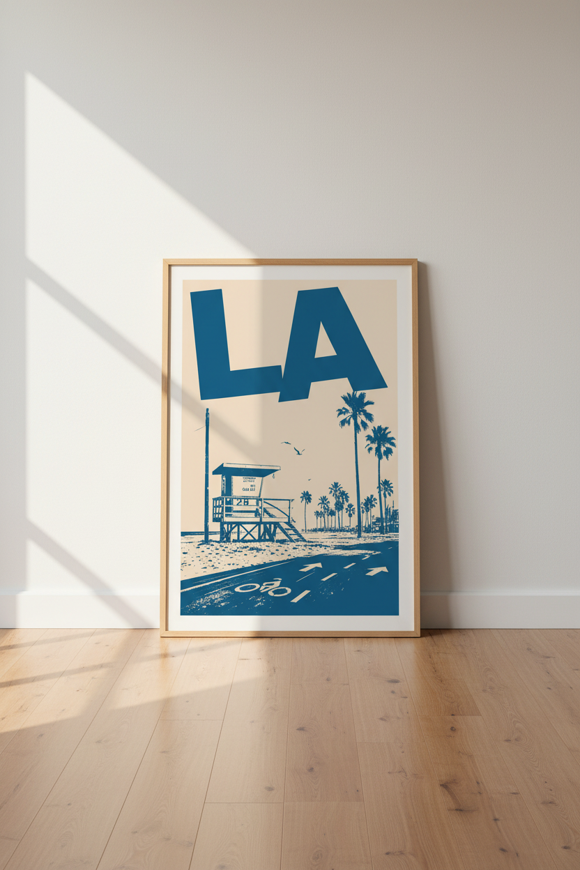 Retro LA Beach Poster | California Coastal Wall Art, Blue Modern Travel Print