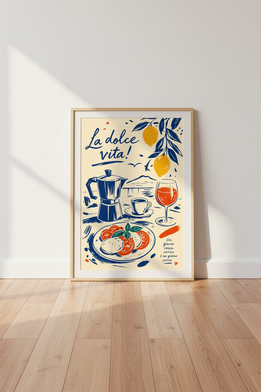 La Dolce Vita Italian Wall Art | Moka Pot & Lemon Decor, Kitchen Poster