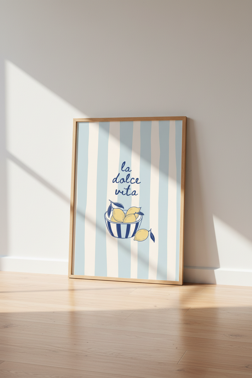 Amalfi Coast Wall Art Print | Italian Lemon Kitchen Decor | Blue Striped Aesthetic Poster