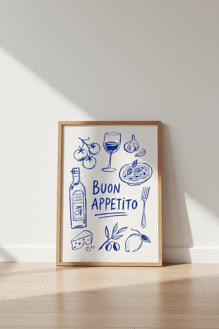 Italian Kitchen Art Print | Blue Line Drawing, Buon Appetito Dining Decor