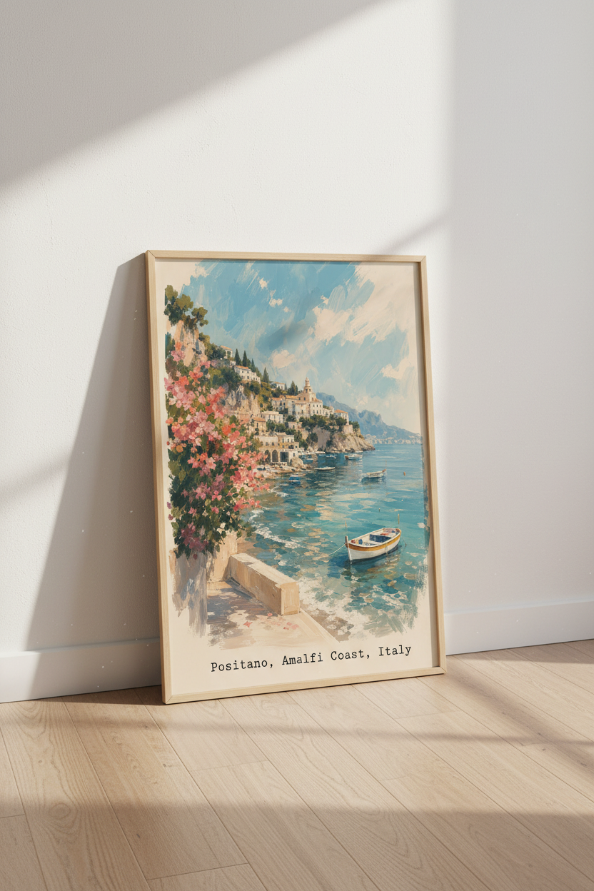 Amalfi Coast Art Print | Positano Italy Travel Poster | Coastal Mediterranean Wall Decor