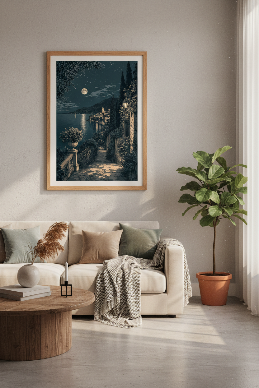 Lake Como Moonlight Print | Italian Coastal Landscape | Dark Academia Decor