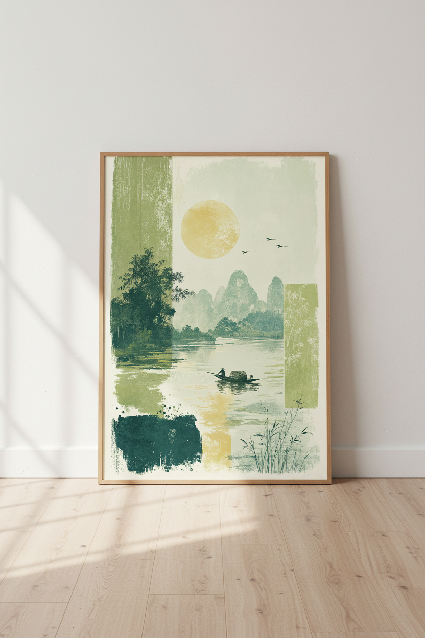 Japanese Zen Landscape | Sage Green Art, Scenic River Mountain Poster