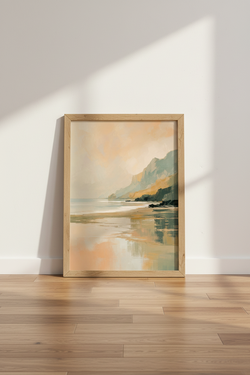 Coastal Abstract Landscape | Muted Peach & Sage Green, Bedroom Wall Art Print
