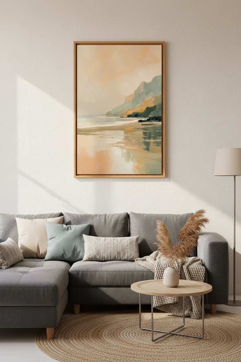 Coastal Abstract Landscape | Muted Peach & Sage Green, Bedroom Wall Art Print