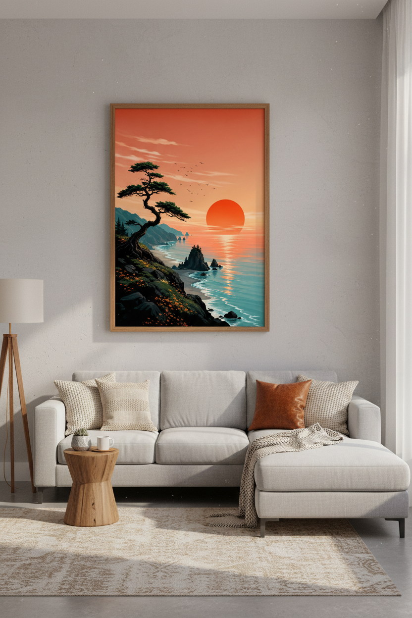 Japanese Sunset Landscape Wall Art | Teal & Orange Coastal Decor | Zen Nature Poster