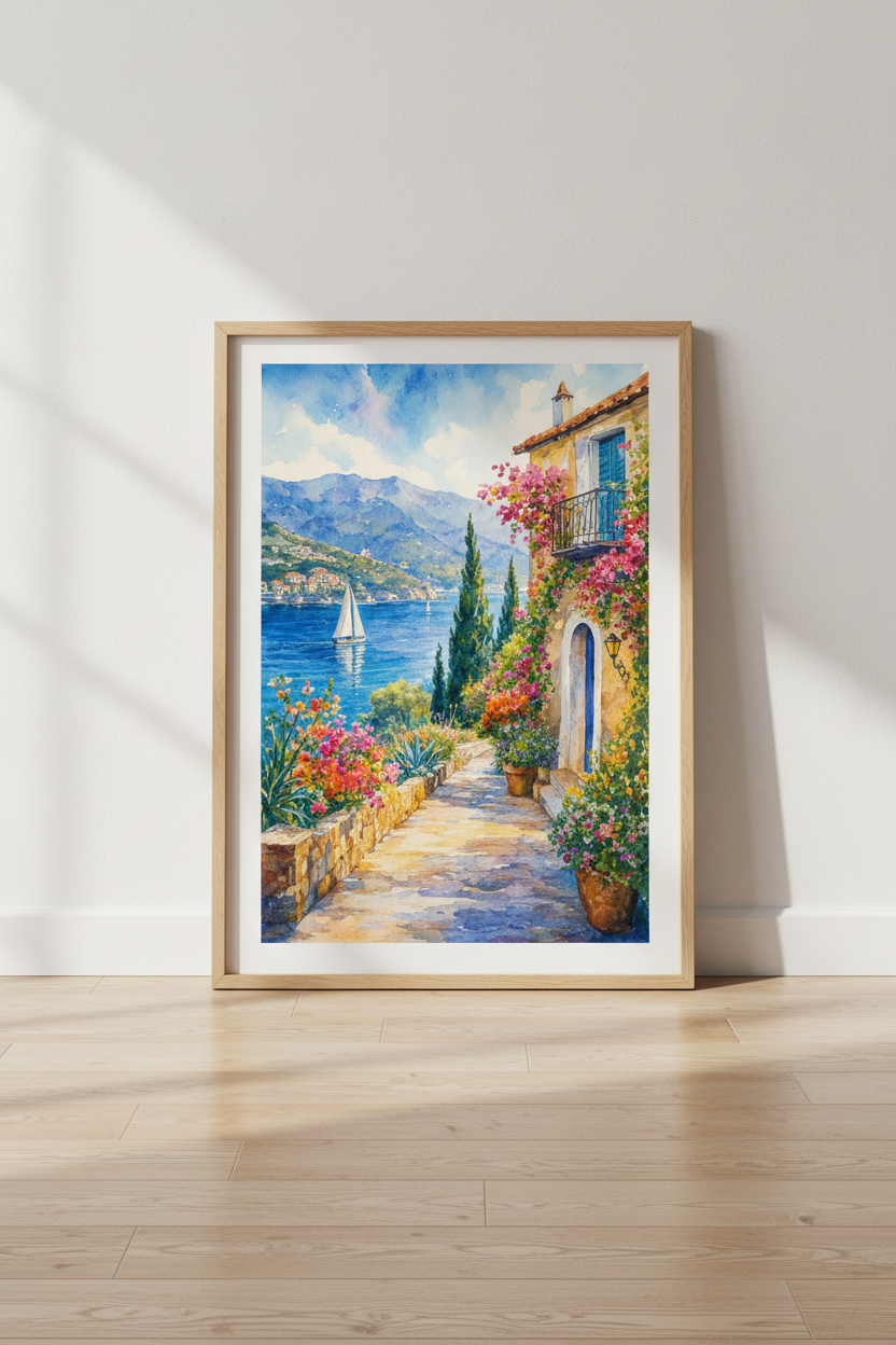Mediterranean Coastal Village Watercolor Wall Art | Blue Sea Poster, Living Room Decor