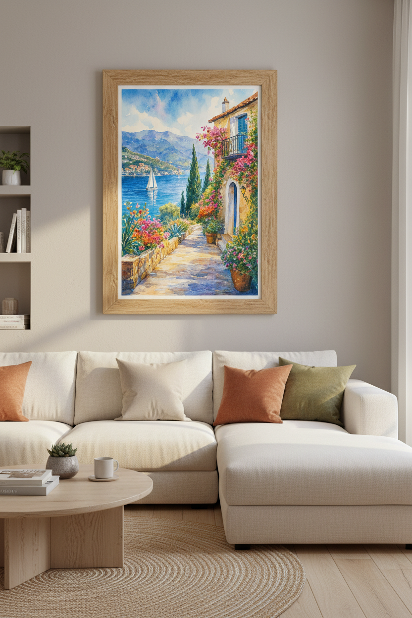 Mediterranean Coastal Village Watercolor Wall Art | Blue Sea Poster, Living Room Decor