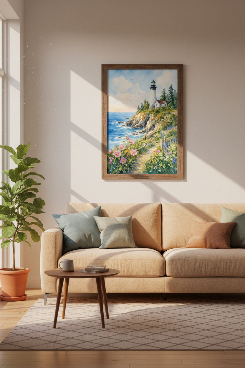 Watercolor Lighthouse Wall Art Print | Coastal Ocean Decor | Nautical Landscape Poster