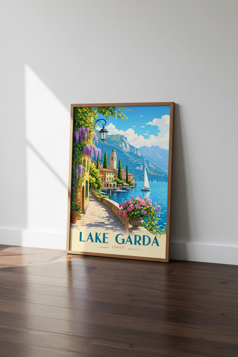 Lake Garda Italy Travel Poster | Mediterranean View Wall Art Print | Coastal Decor