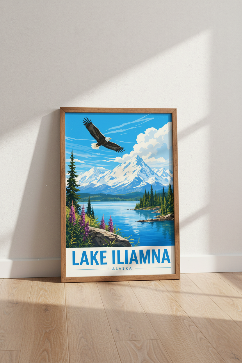 Lake Iliamna Alaska Travel Poster | Bald Eagle Mountain Landscape | Cabin Wall Decor