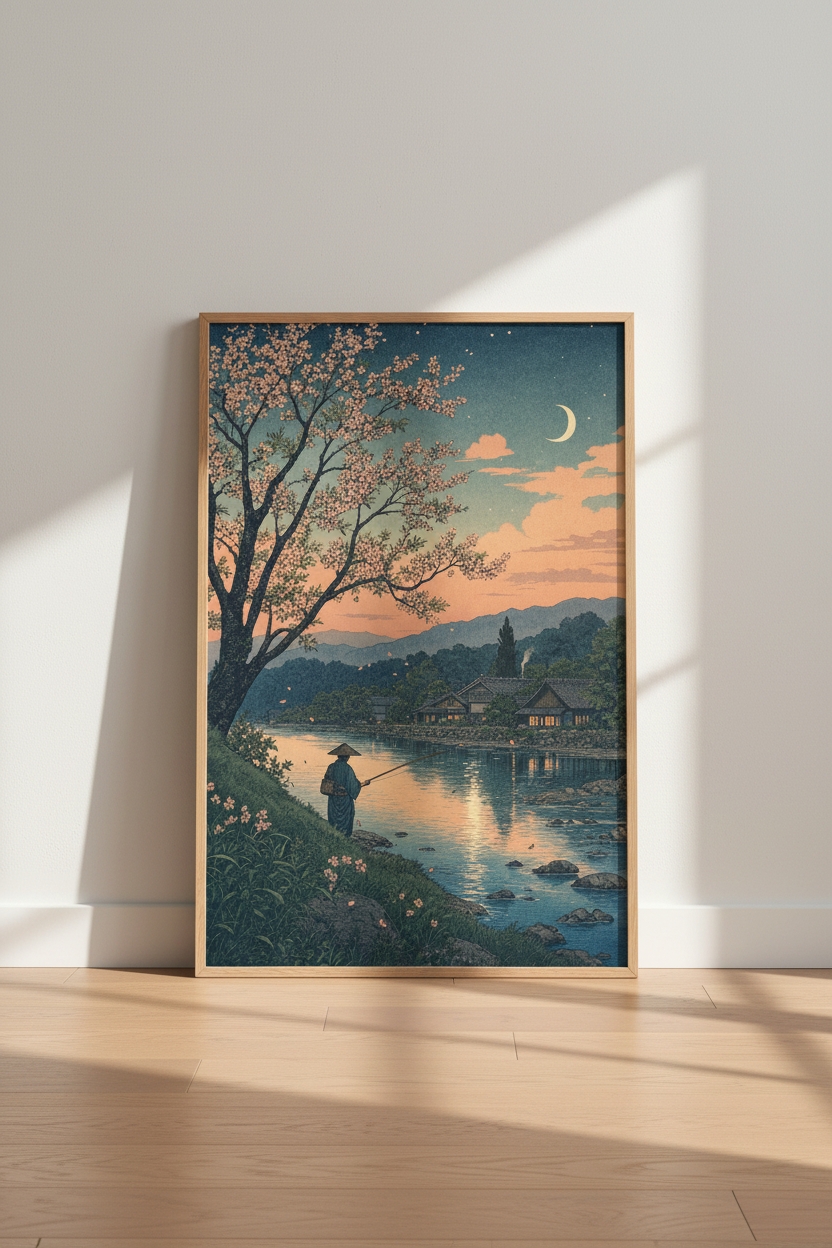 Japanese Fisherman Landscape | Ukiyo-e Cherry Blossom Print, Living Room Decor