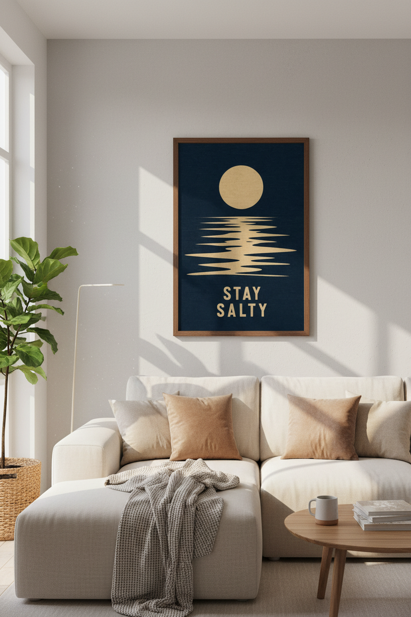 Stay Salty Ocean Sunset Wall Art | Navy & Gold Coastal Decor | Minimalist Poster