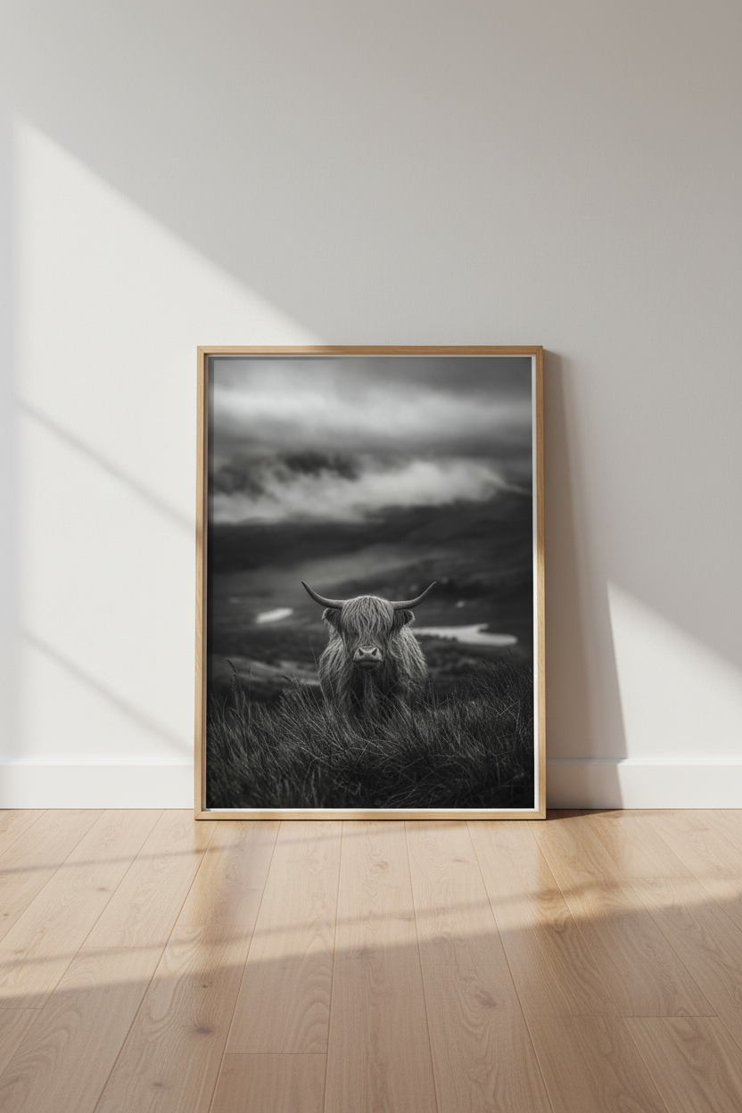 Highland Cow Poster | Moody Black and White Scottish Wall Art, Farmhouse Decor
