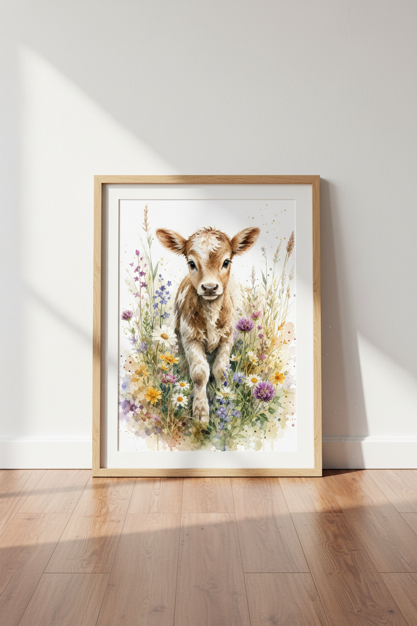Watercolor Baby Calf Wall Art | Farmhouse Nursery Decor | Rustic Cow Poster