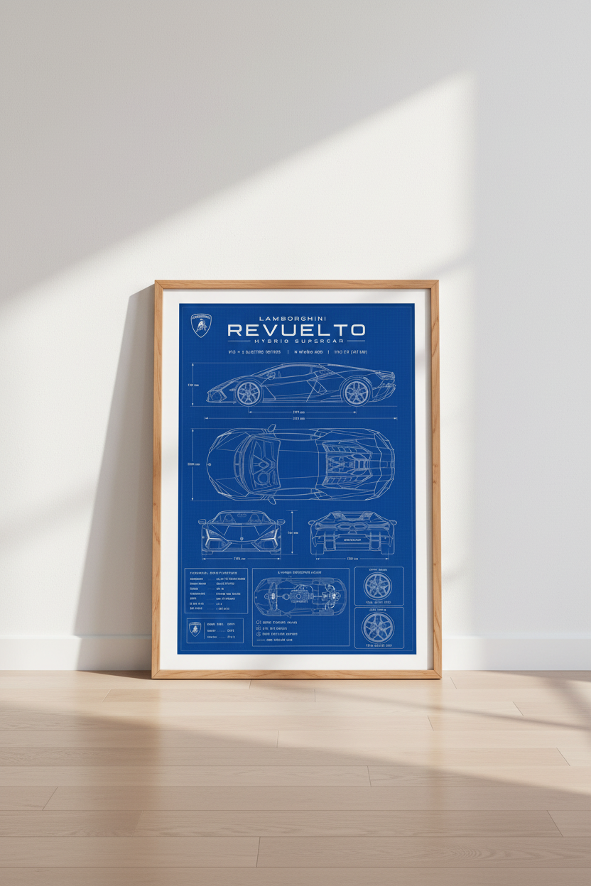 Lamborghini Revuelto Blueprint Wall Art | Supercar Poster, Man Cave Decor