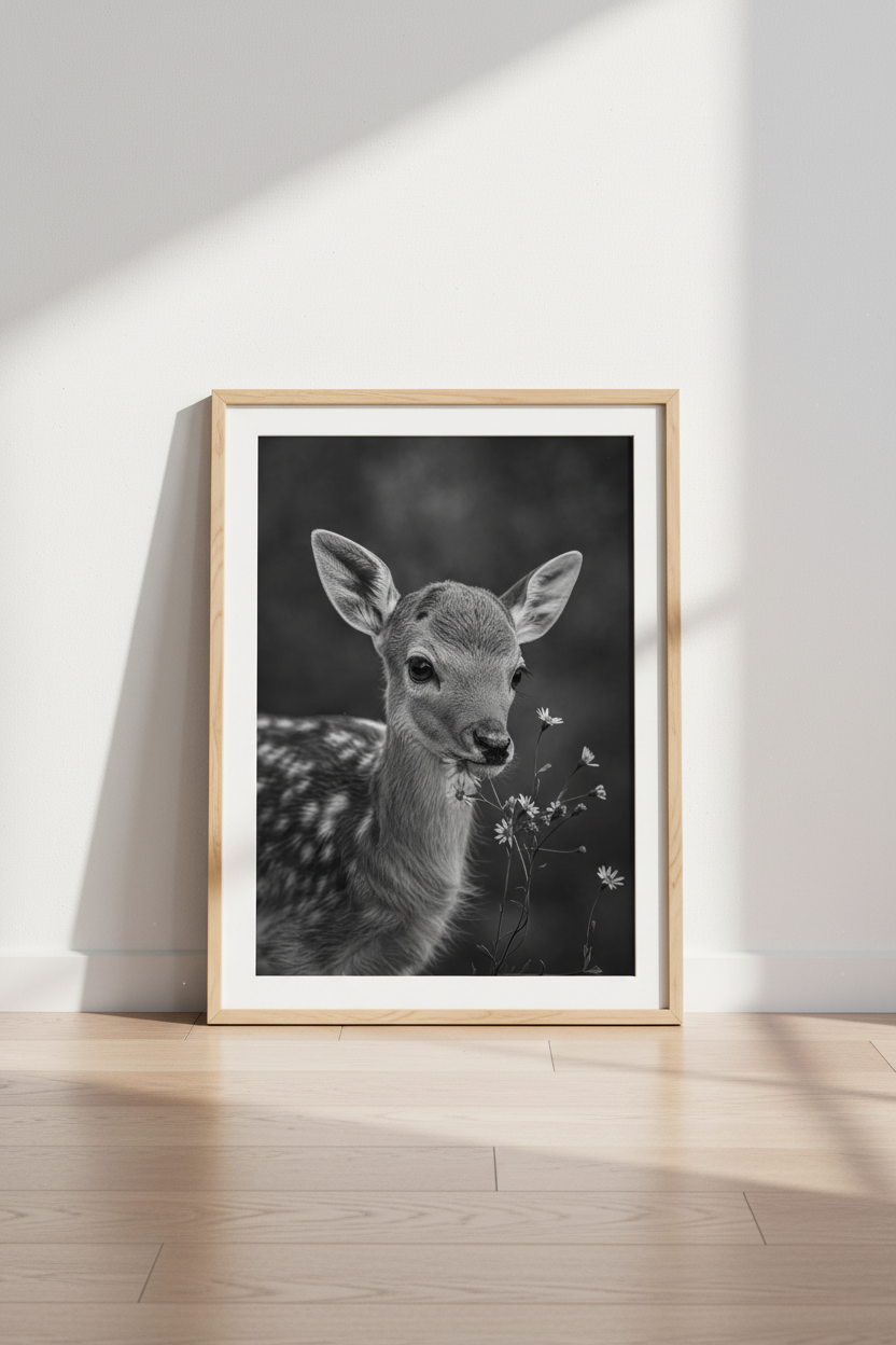 Fawn Nature Art Print | Black and White Deer Poster | Modern Nursery Decor