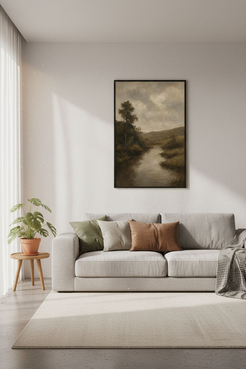Moody River Landscape | Vintage Oil Style, Earthy Tone Wall Art Print