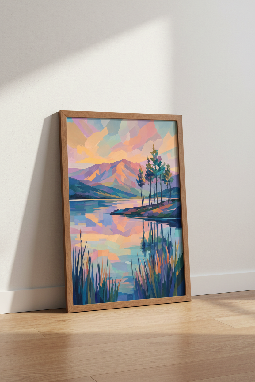 Abstract Mountain Lake Wall Art | Pastel Sunset Landscape, Modern Living Room Decor