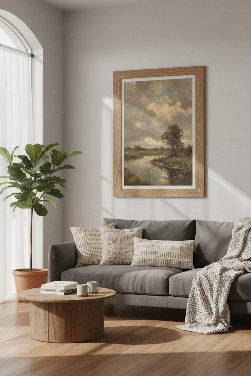 Moody Landscape Art | Impressionist River Scene, Farmhouse Nature Poster