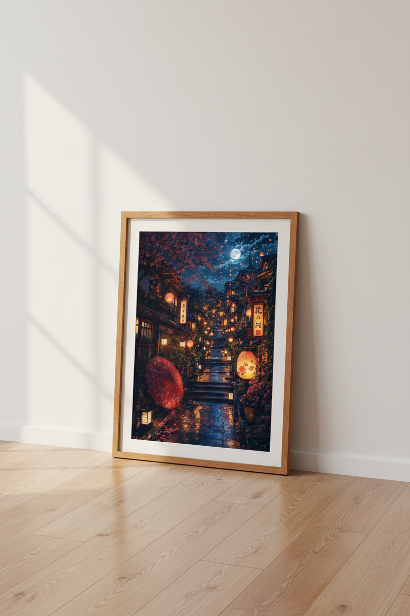 Japanese Street Night Wall Art | Moonlit Cherry Blossom & Lanterns, Zen Decor