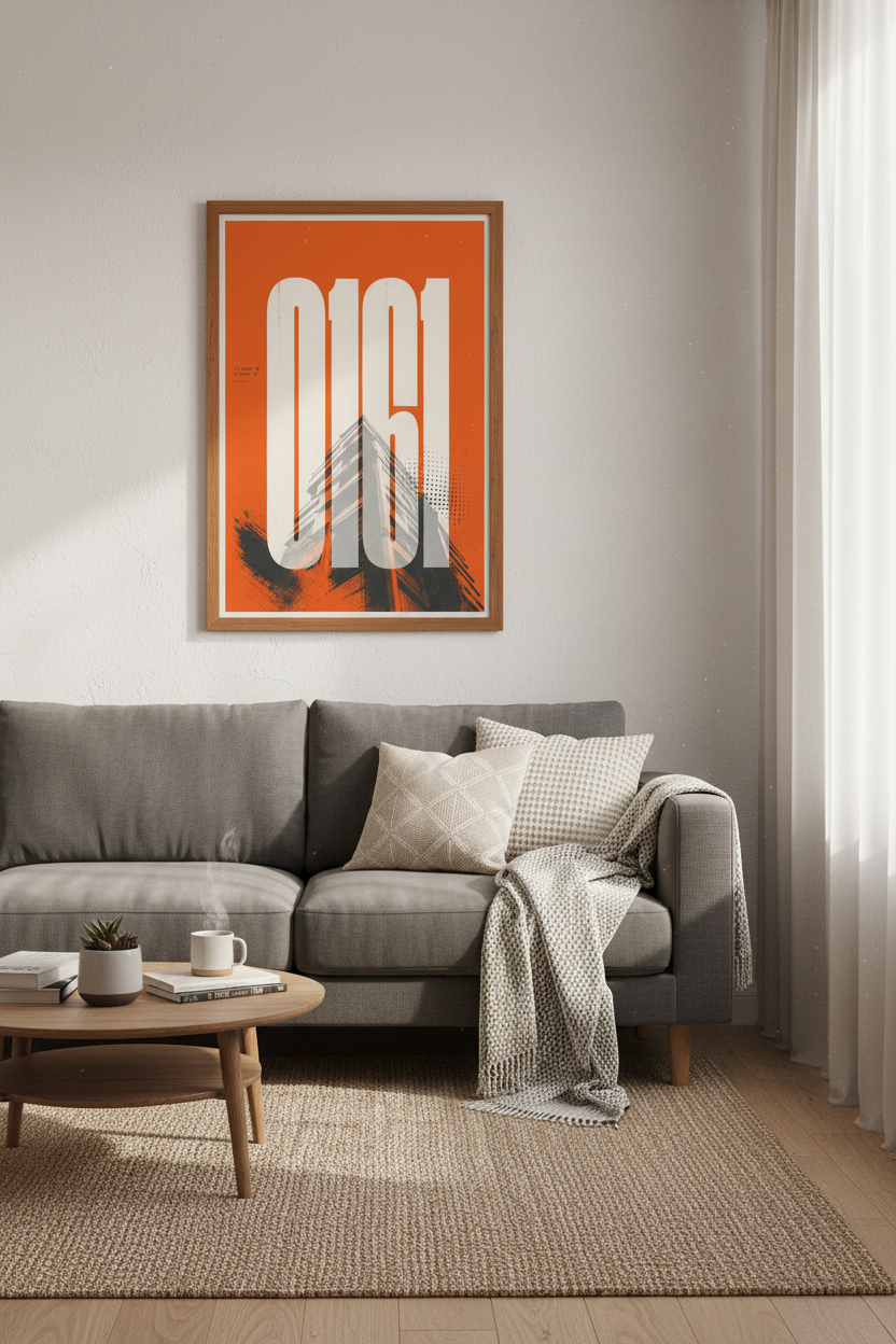 Manchester 0161 Typography Wall Art Print | Urban Orange Decor | Modern Poster