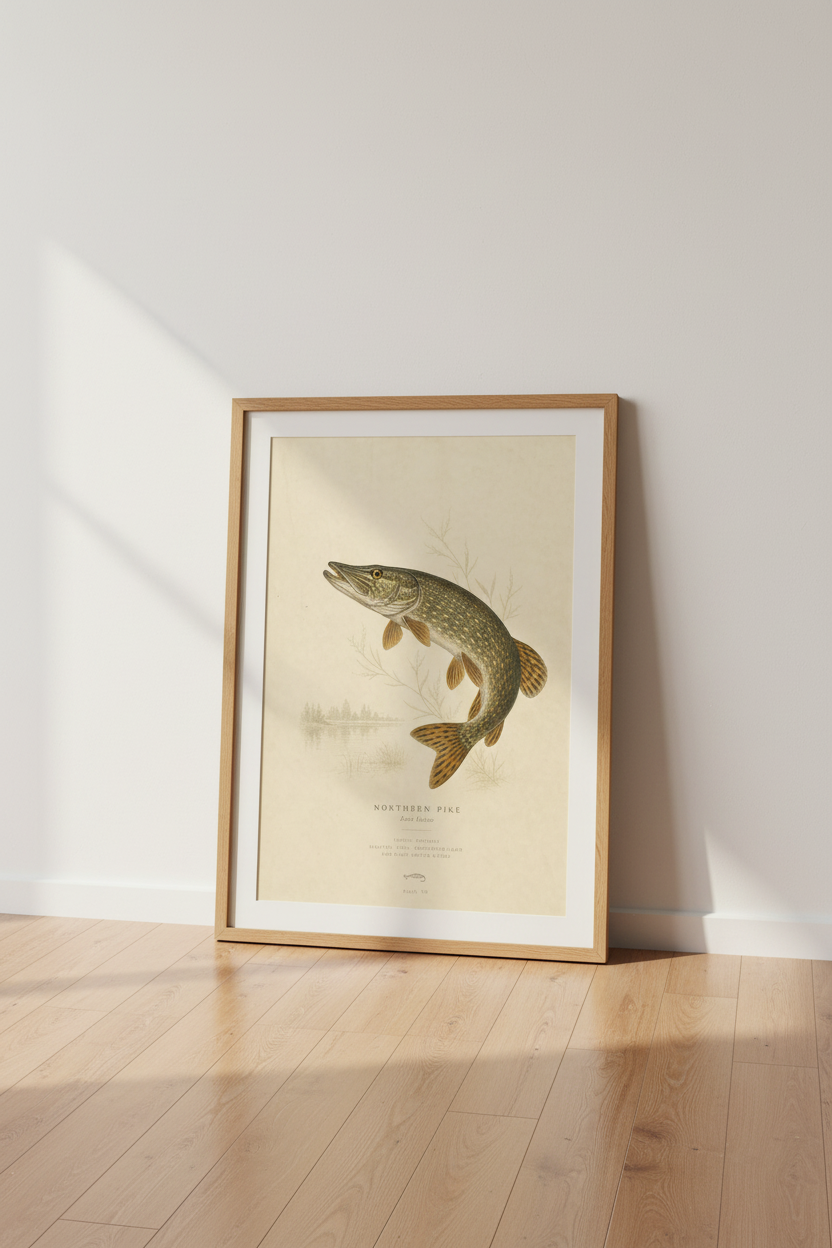 Northern Pike Vintage Fish Print | Rustic Lake House Wall Art | Antique Nature Poster