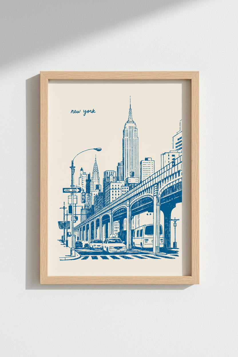 New York City Sketch | Blue NYC Skyline Wall Art Print, Manhattan Travel Decor