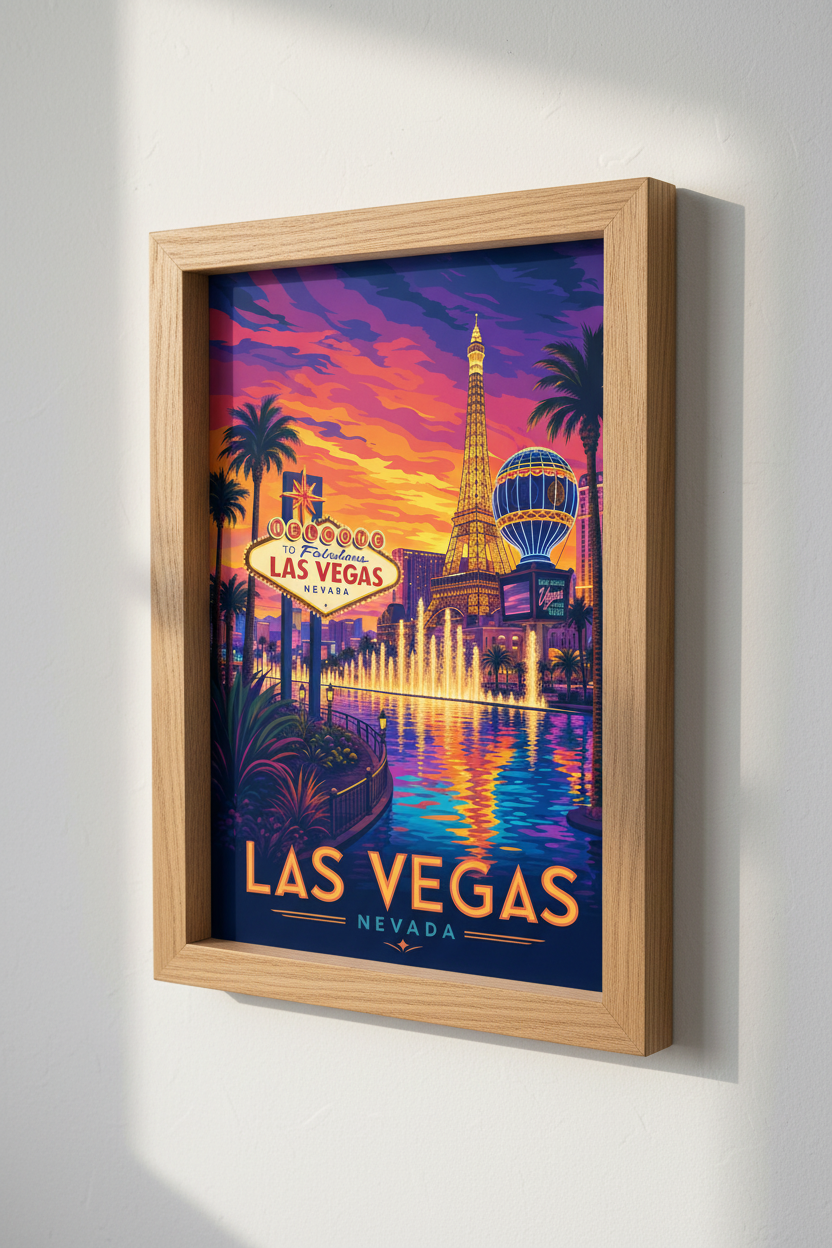 Las Vegas Retro Travel Poster | Vibrant Neon Strip Wall Art | Game Room Decor