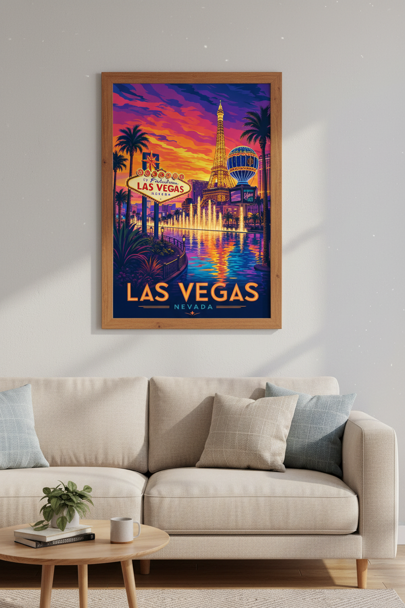 Las Vegas Retro Travel Poster | Vibrant Neon Strip Wall Art | Game Room Decor