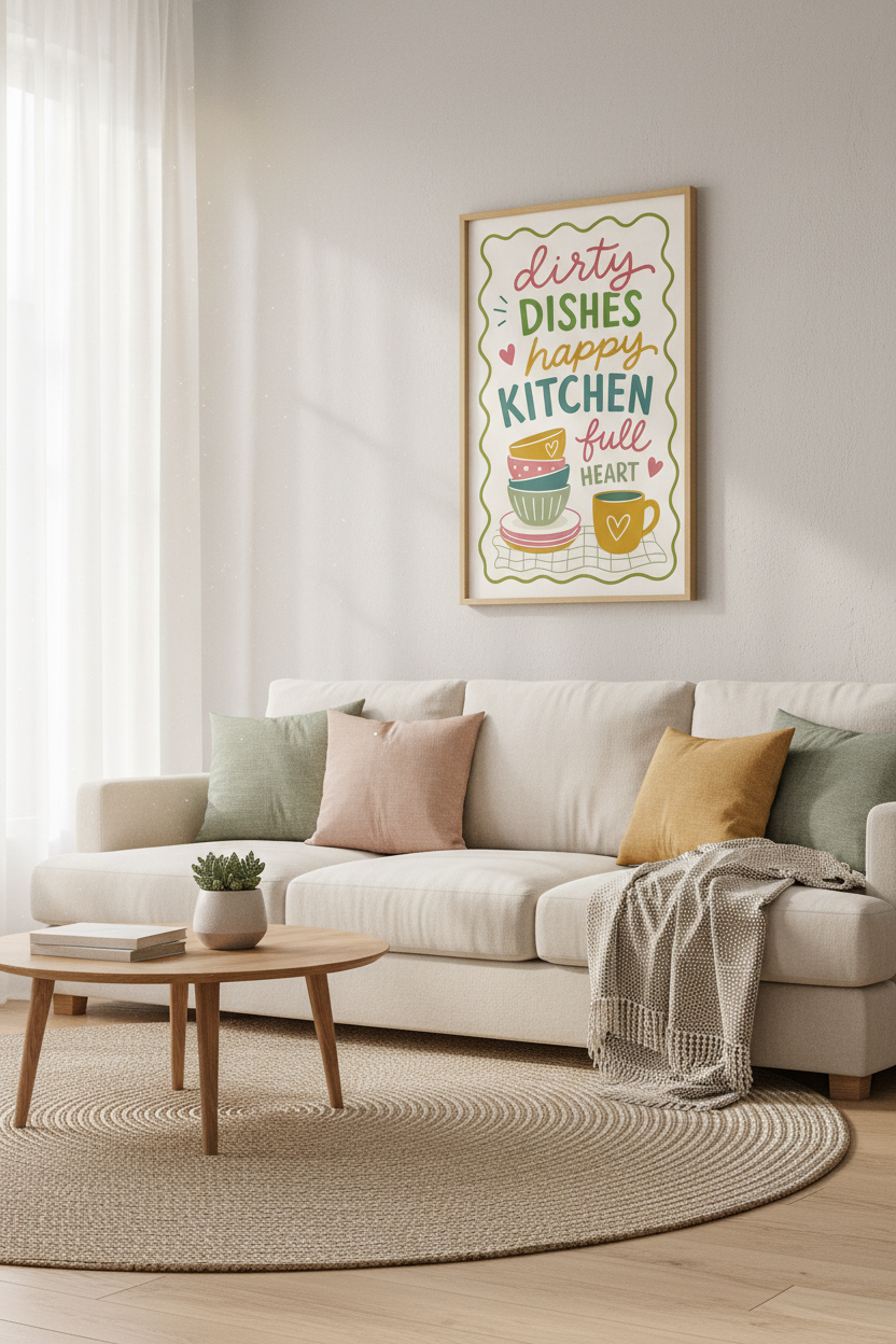 Kitchen Quote Wall Art Print | Colorful Hand Drawn Poster, Happy Home Decor